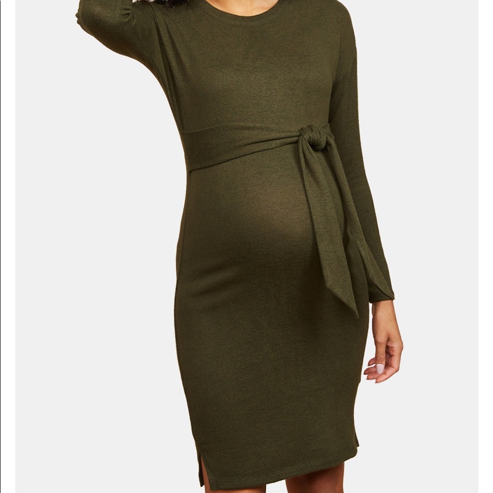 Motherhood Maternity Olive Green Long Sleeve Tie-Waist Maternity Dress